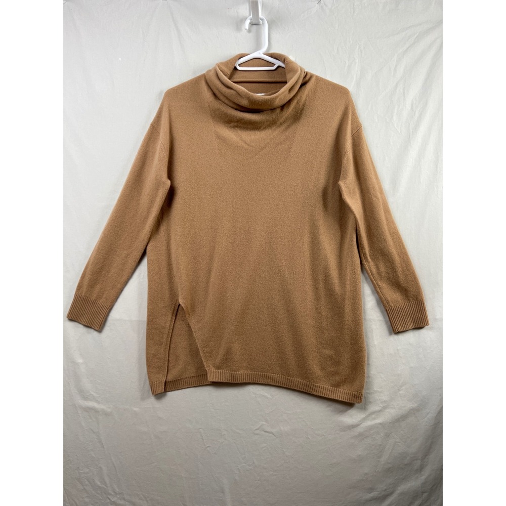 Nordstrom Signature Cashmere Sweater Womens L Camel Brown Cowl Neck Split Hem